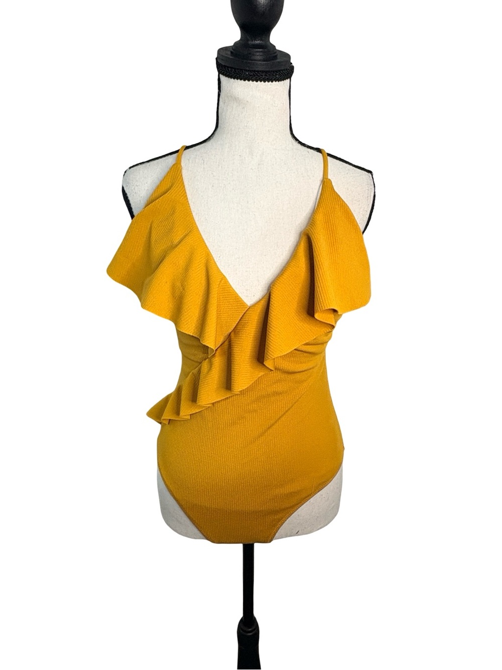 Cupshe Mustard Yellow Ribbed Ruffle One Piece Swimsuit Size Medium NWT